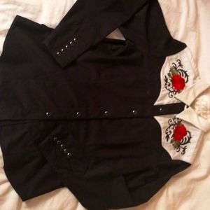 Roper Black Shirt with White Yoke and Red Floral Embroidery